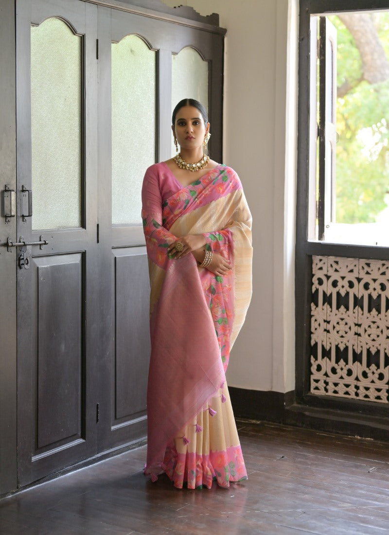 Pink Banarasi Silk Saree With Resham Work