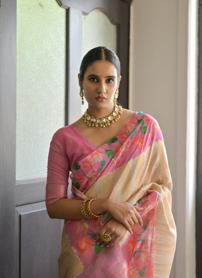 Pink Banarasi Silk Saree With Resham Work