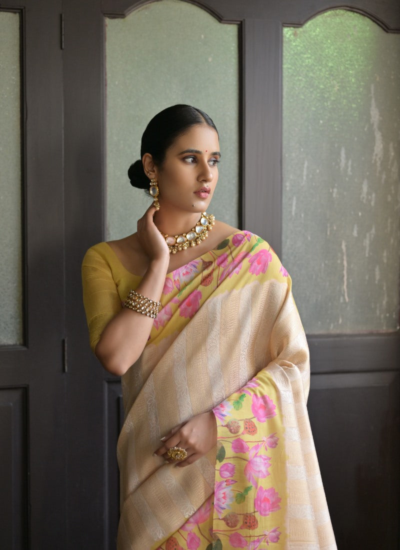 Yellow Banarasi Silk Saree With Resham Work