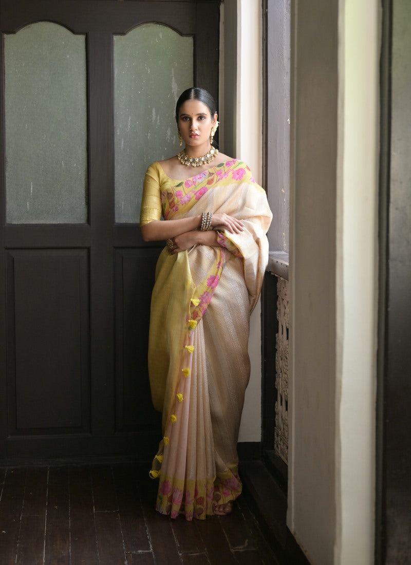 Yellow Banarasi Silk Saree With Resham Work