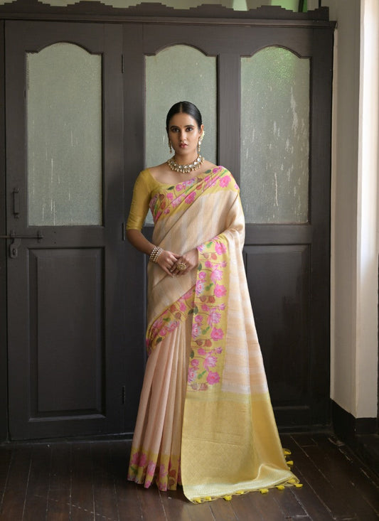 Yellow Banarasi Silk Saree With Resham Work