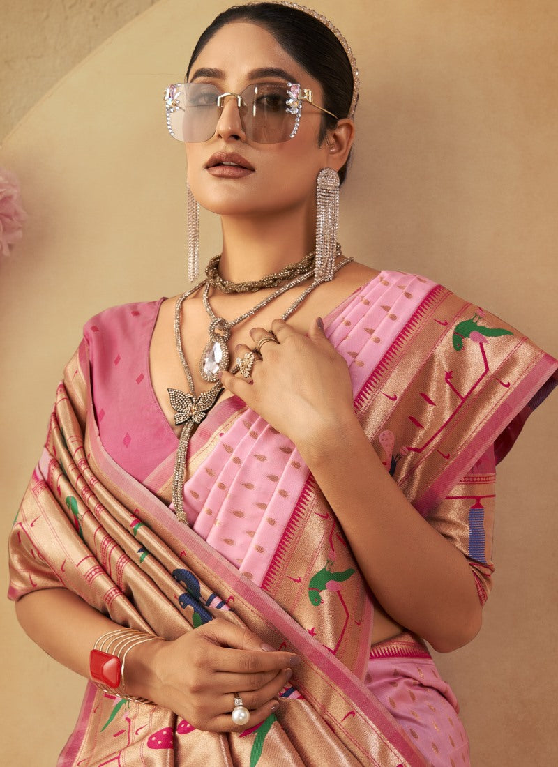 Pink Paithani Silk Saree With Resham Work