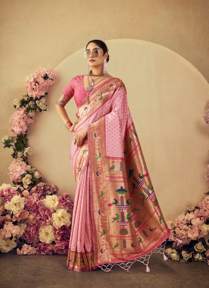 Pink Paithani Silk Saree With Resham Work