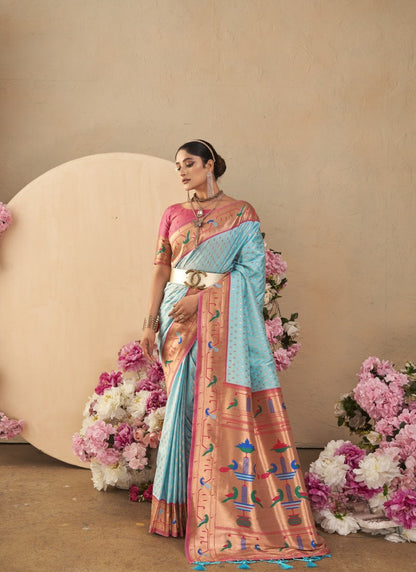 Sky Blue Paithani Silk Saree With Resham Work