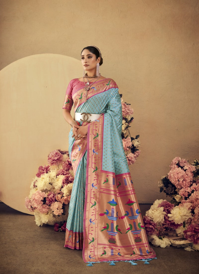 Sky Blue Paithani Silk Saree With Resham Work