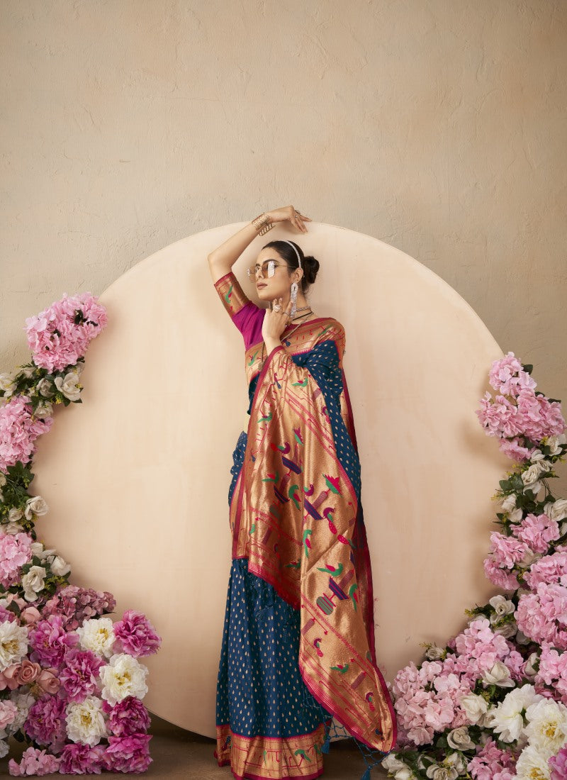 Navy Blue Paithani Silk Saree With Resham Work