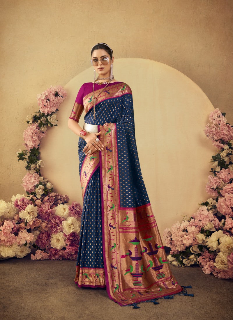 Navy Blue Paithani Silk Saree With Resham Work