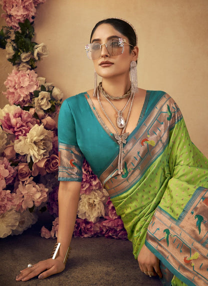 Pista Green Paithani Silk Saree With Resham Work-2