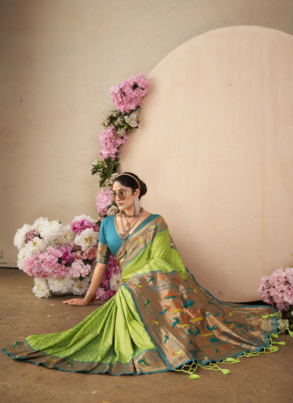 Pista Green Paithani Silk Saree With Resham Work