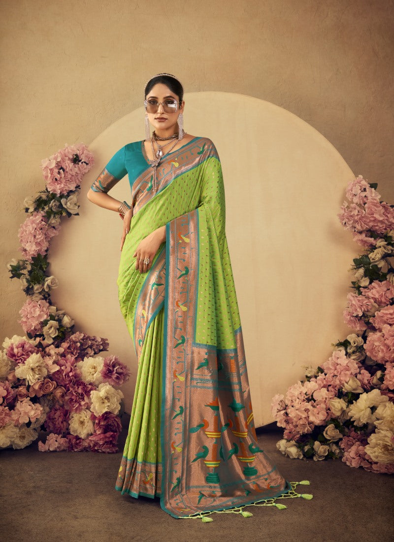 Pista Green Paithani Silk Saree With Resham Work