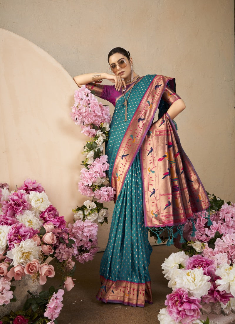 Sea Green Paithani Silk Saree With Resham Work-2