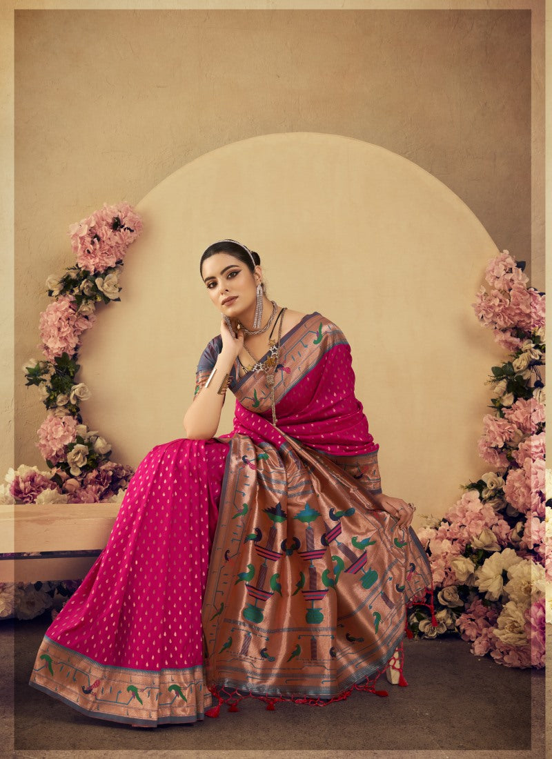 Magenta Paithani Silk Saree With Resham Work