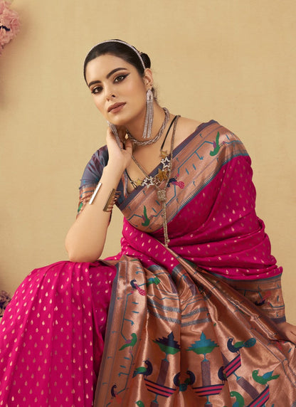 Magenta Paithani Silk Saree With Resham Work