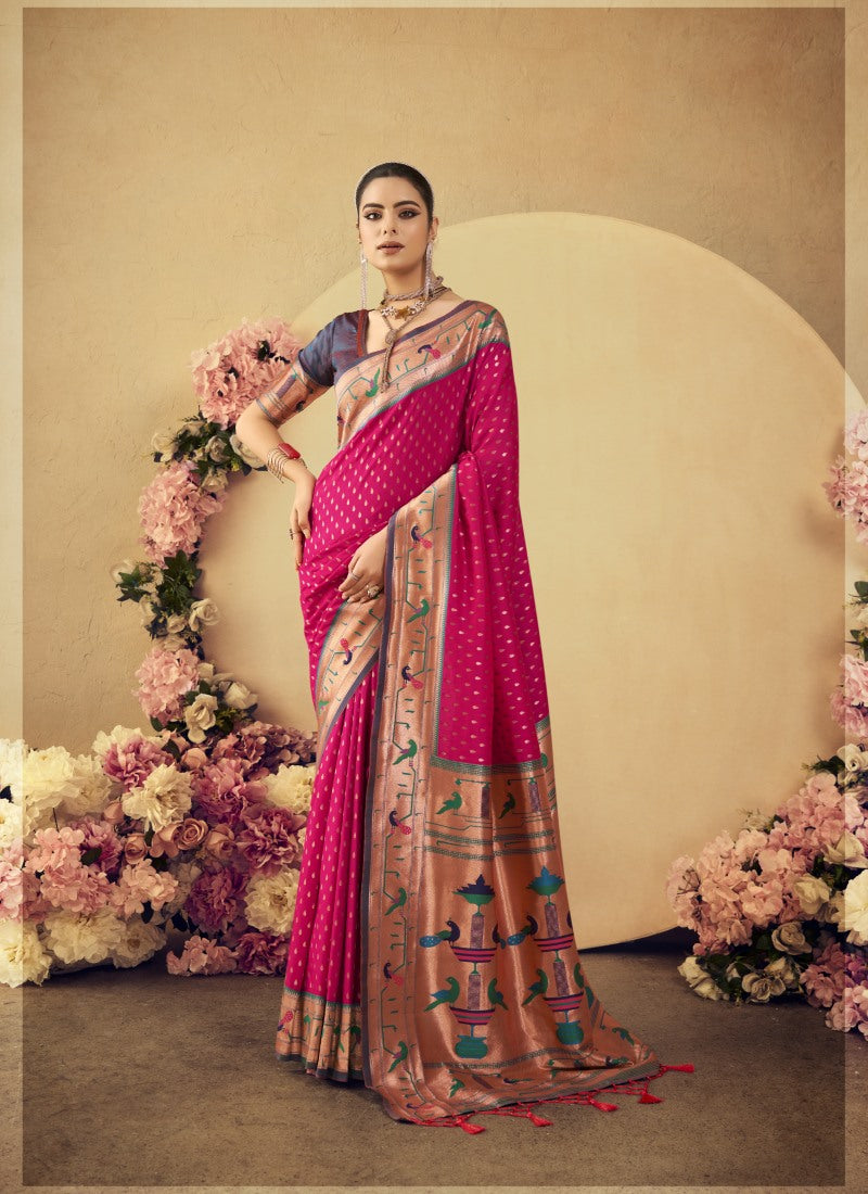 Magenta Paithani Silk Saree With Resham Work