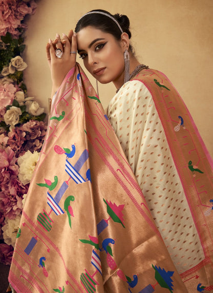 White Paithani Silk Saree With Resham Work