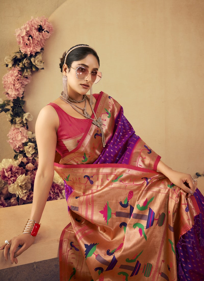 Purple Paithani Silk Saree With Resham Work