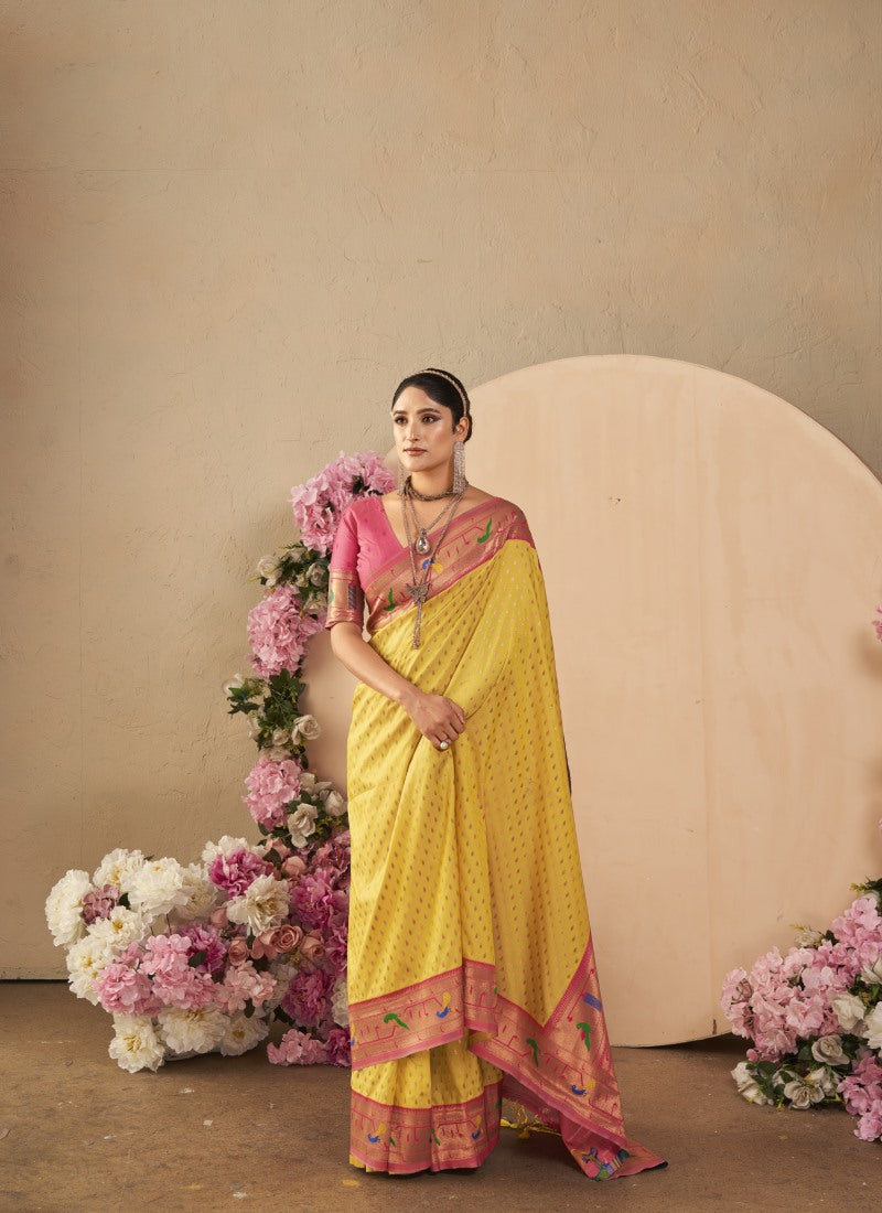 Yellow Paithani Silk Saree With Resham Work-2