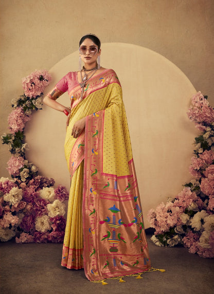 Yellow Paithani Silk Saree With Resham Work