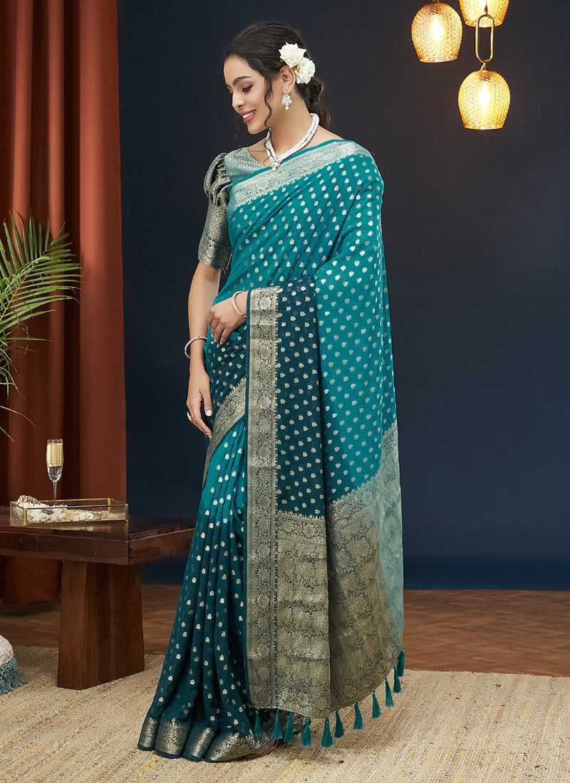 Teal Blue Georgette Festive Wear Saree