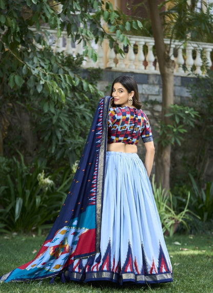 Blue Silk Digital Print Lehenga Choli