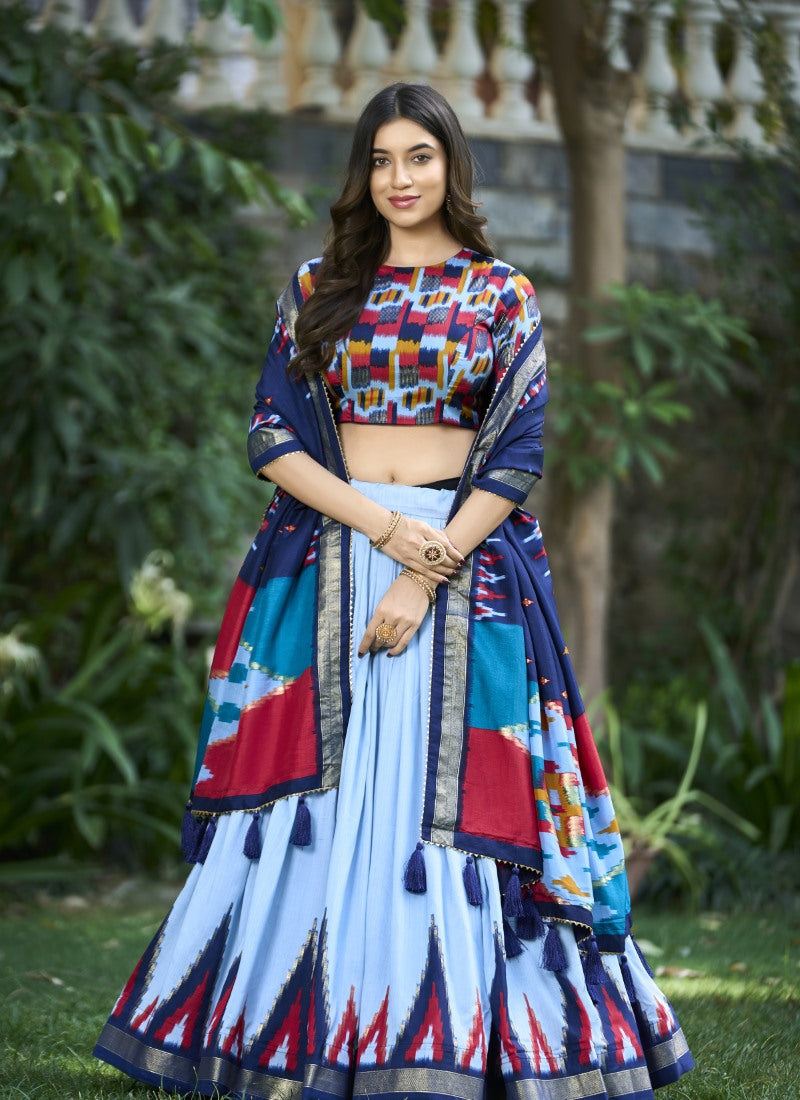 Blue Silk Digital Print Lehenga Choli