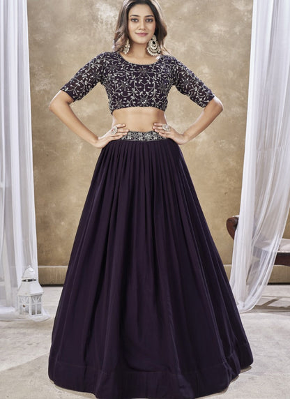 Purple Georgette Lehenga Choli With Embroidery, Zari and Sequins Work