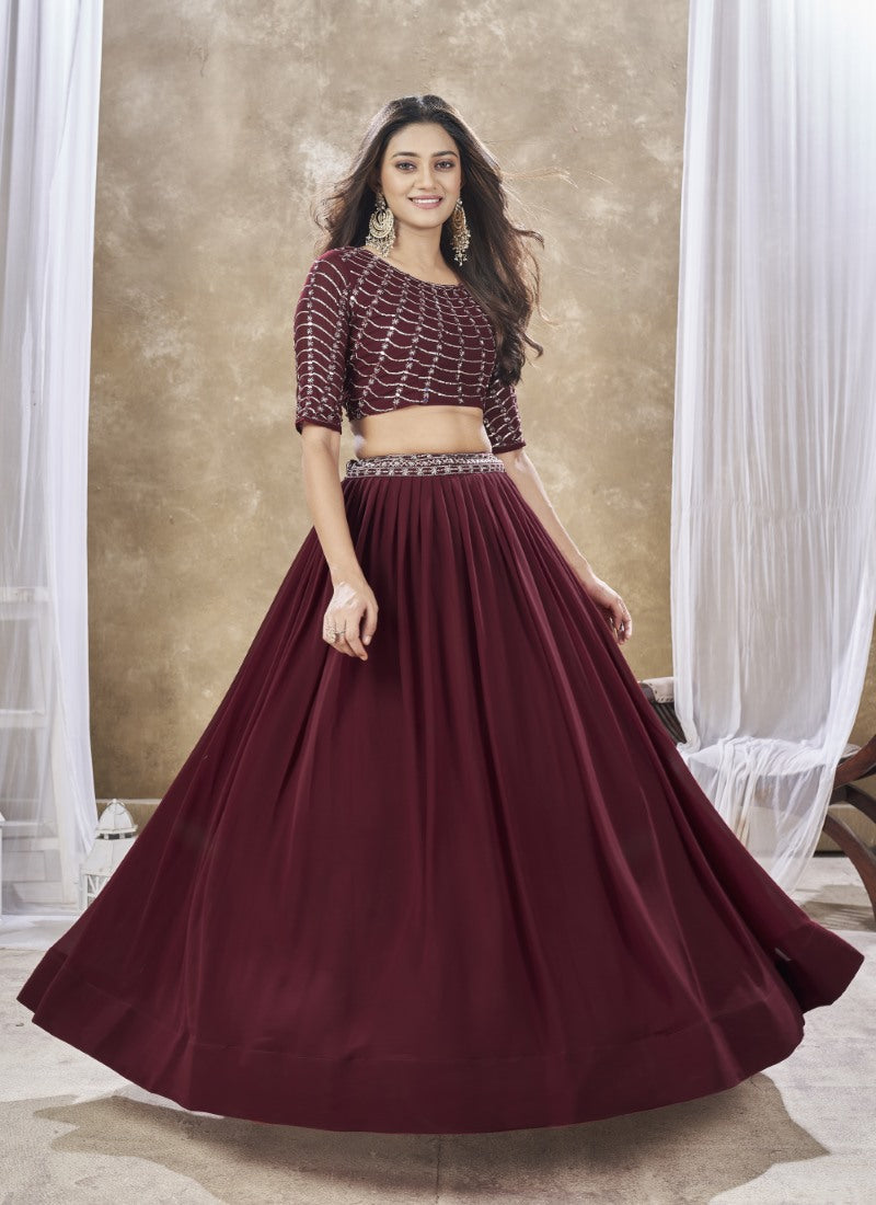 Maroon Georgette Lehenga Choli With Embroidery, Zari and Sequins Work