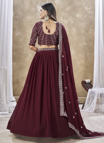 Maroon Georgette Lehenga Choli With Embroidery, Zari and Sequins Work