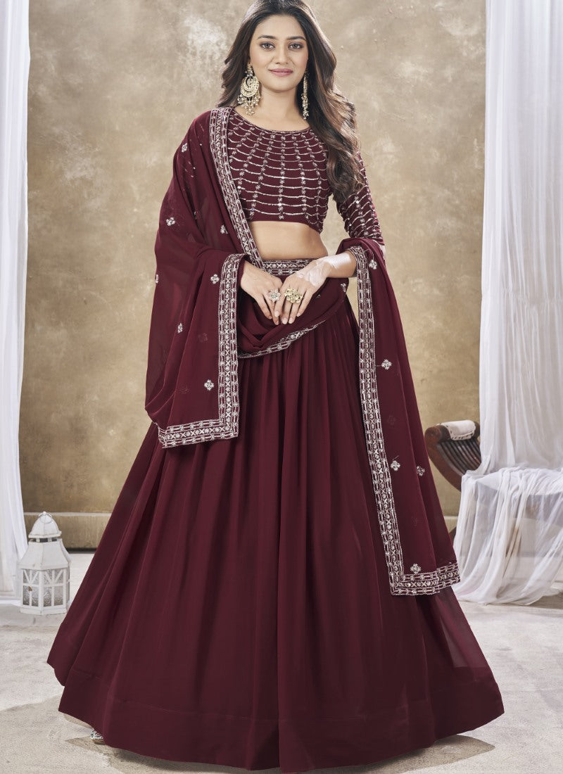 Maroon Georgette Lehenga Choli With Embroidery, Zari and Sequins Work