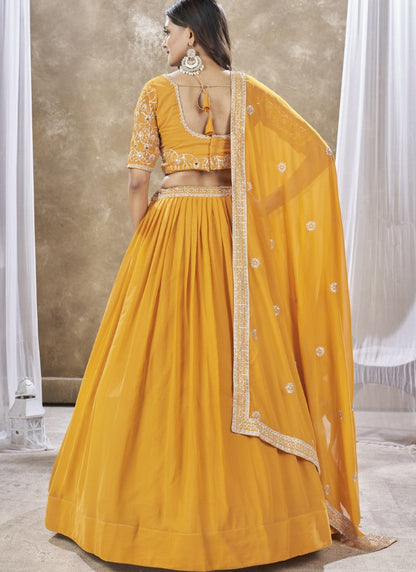 Yellow Georgette Lehenga Choli With Embroidery, Zari and Sequins Work