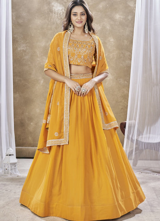 Yellow Georgette Lehenga Choli With Embroidery, Zari and Sequins Work