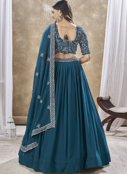 Blue Georgette Lehenga Choli With Embroidery, Zari and Sequins Work