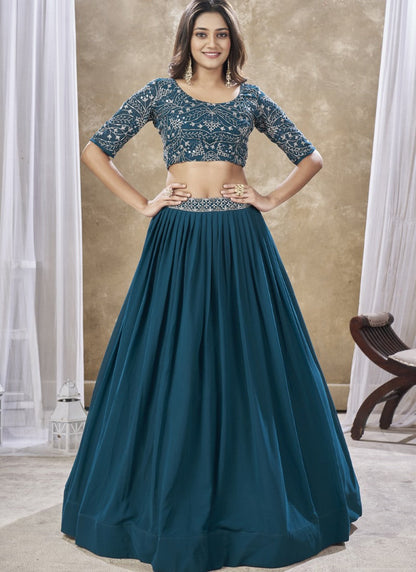 Blue Georgette Lehenga Choli With Embroidery, Zari and Sequins Work