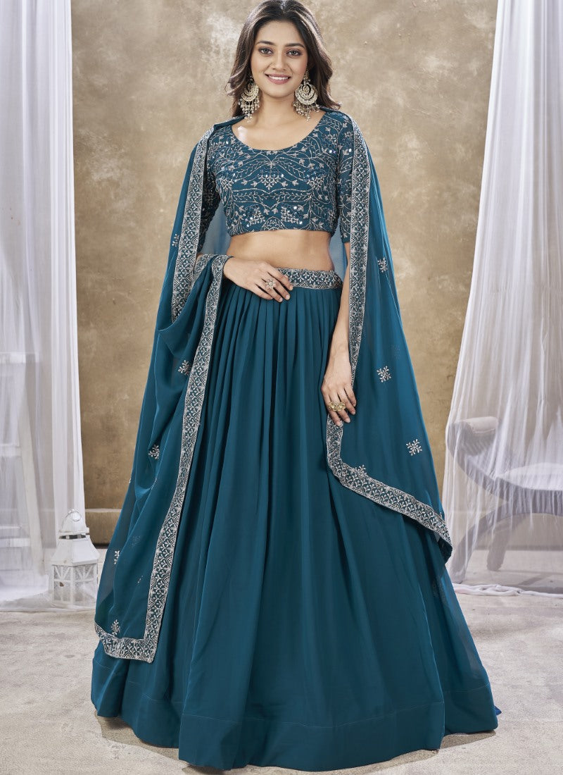 Blue Georgette Lehenga Choli With Embroidery, Zari and Sequins Work