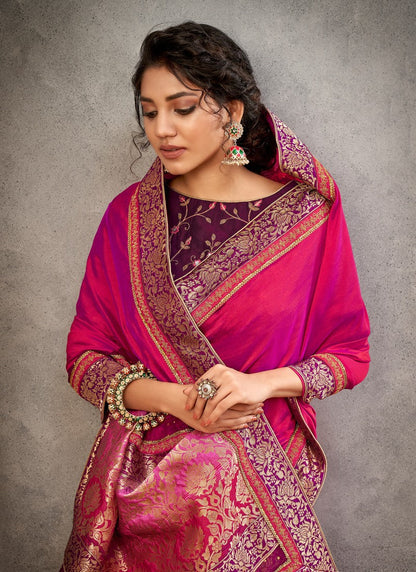 Magenta Silk Heavy Border Saree Saree With Embroidery, Zari and Sequins Work