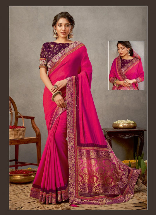 Magenta Silk Heavy Border Saree Saree With Embroidery, Zari and Sequins Work