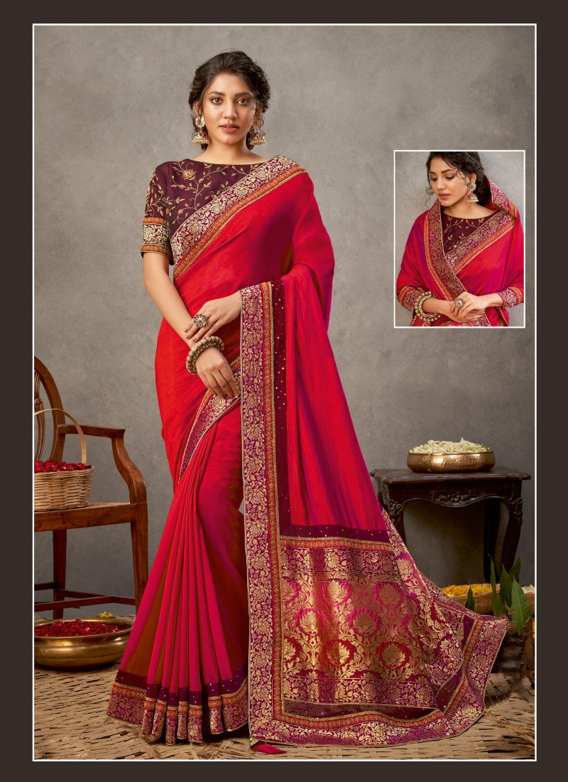 Red Silk Heavy Border Saree Saree With Embroidery, Zari and Sequins Work