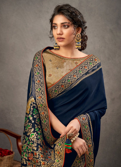 Navy Blue Silk Heavy Border Saree Saree With Embroidery, Zari and Sequins Work