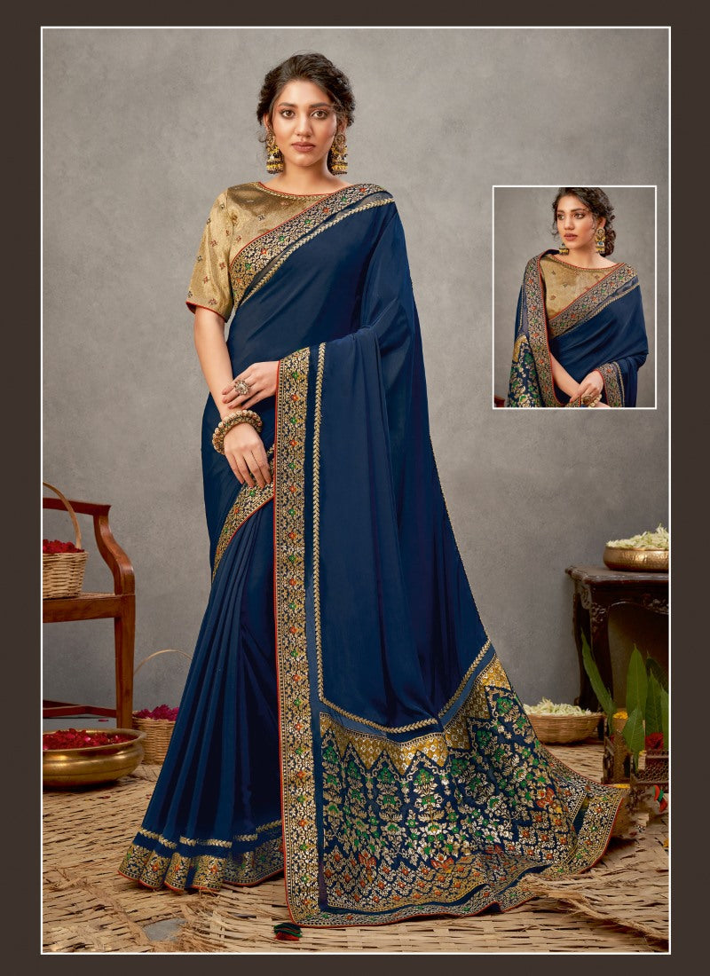 Navy Blue Silk Heavy Border Saree Saree With Embroidery, Zari and Sequins Work