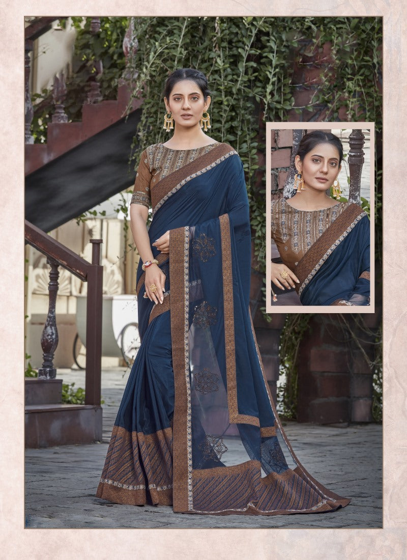 Navy Blue Silk Heavy Border Saree Saree With Embroidery, Zari and Sequins Work