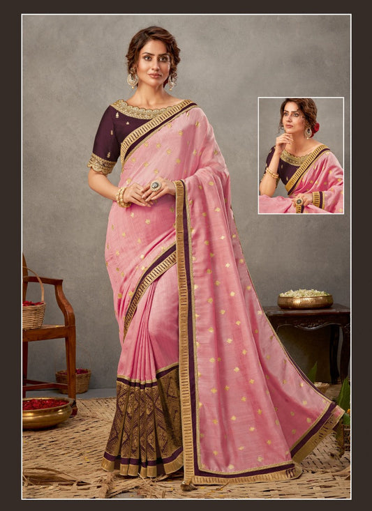 Pink Silk Heavy Border Saree Saree With Embroidery, Zari and Sequins Work