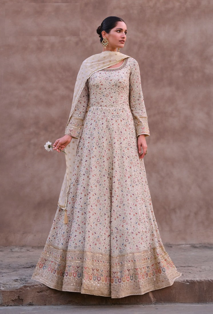 White Georgette Anarkali Suit With Thread and Sequins Work