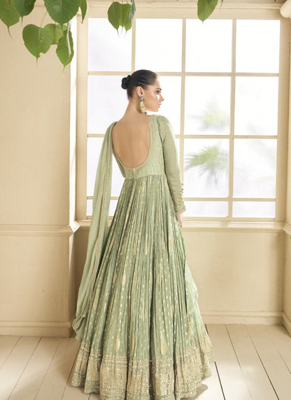 Green Georgette Anarkali Suit With Thread and Sequins Work