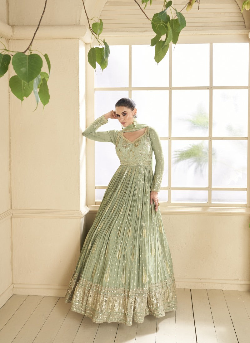 Green Georgette Anarkali Suit With Thread and Sequins Work