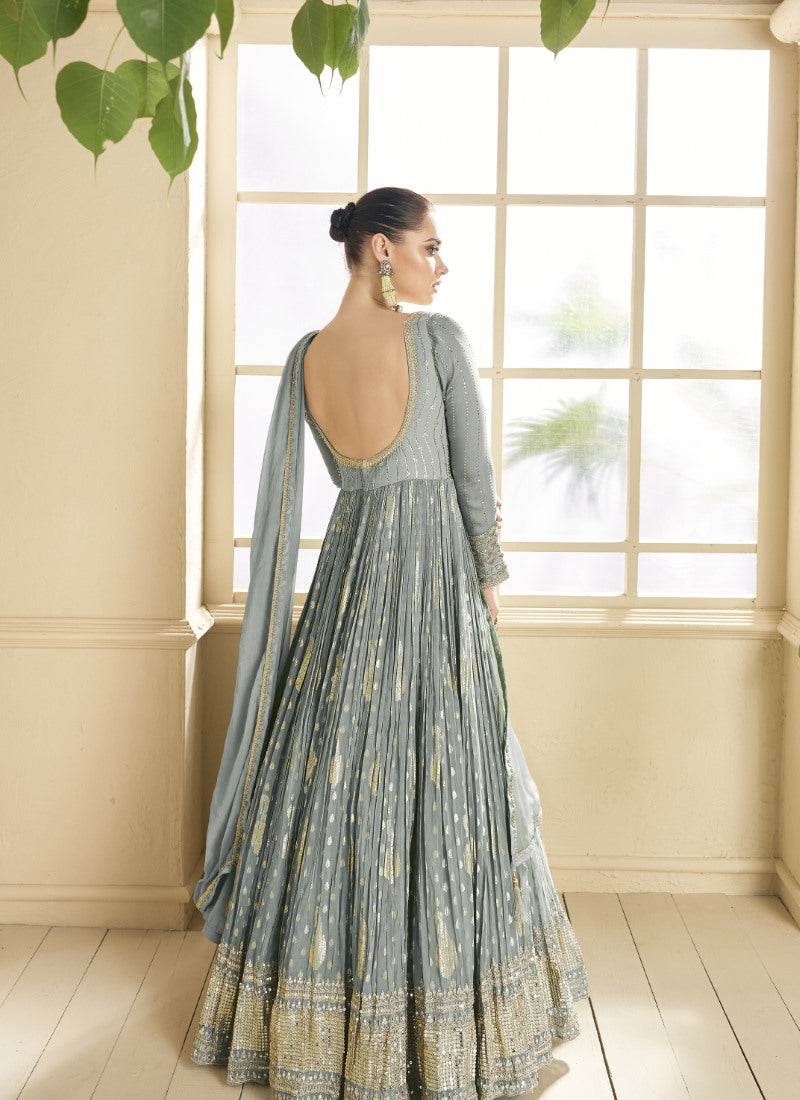 Gray Georgette Anarkali Suit With Thread and Sequins Work