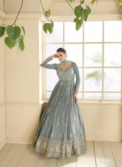 Gray Georgette Anarkali Suit With Thread and Sequins Work