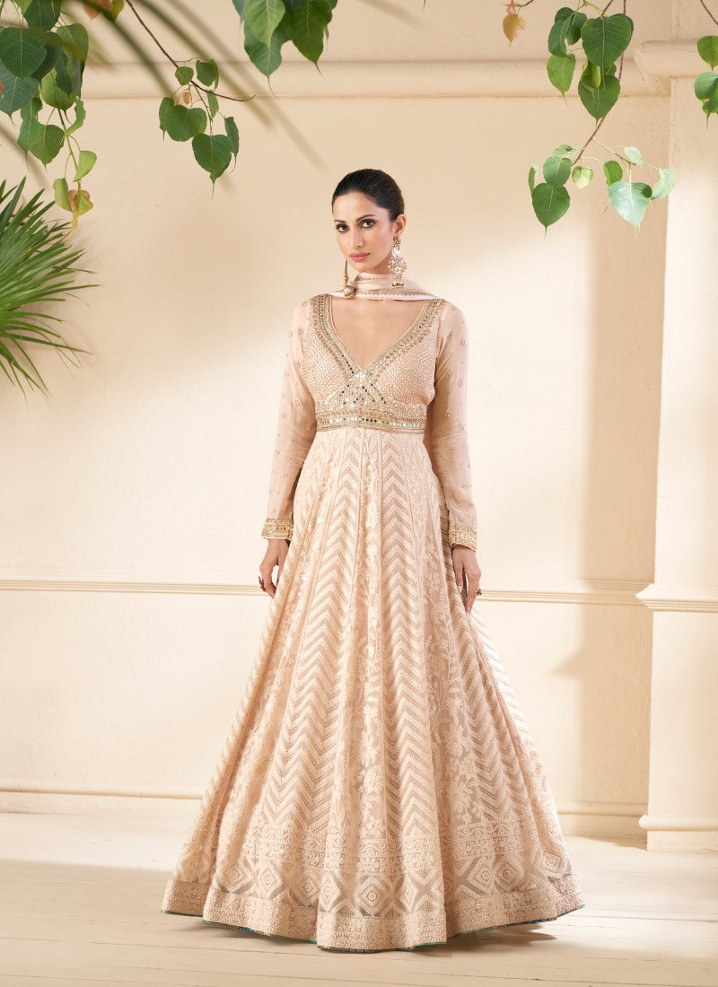 Peach Georgette Anarkali Suit With Thread and Sequins Work