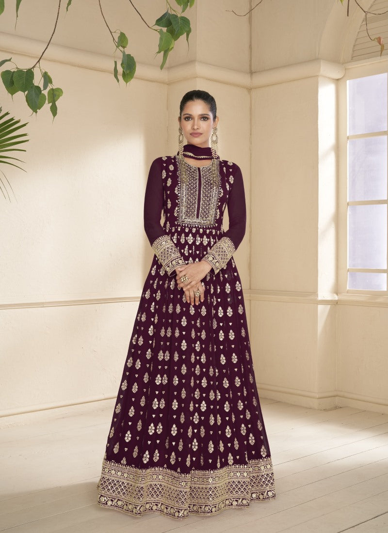 Purple Georgette Anarkali Suit With Thread and Sequins Work