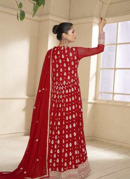 Red Georgette Anarkali Suit With Thread and Sequins Work