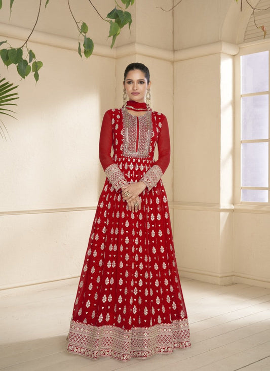 Red Georgette Anarkali Suit With Thread and Sequins Work